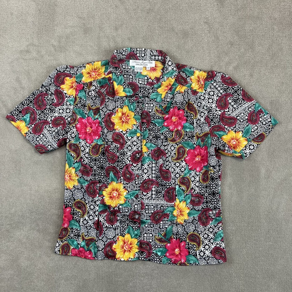 Laura & Jayne Petite 12 Floral Paisley Blouse Vintage 90s Short Sleeve Button Up